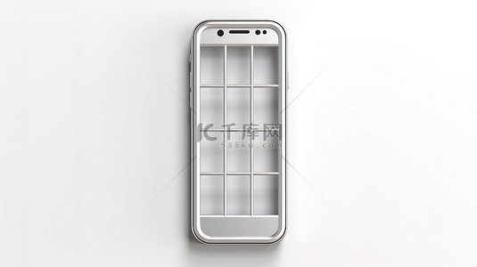 手机装在金属笼子里的 3D 渲染，白色背景上有白色屏幕