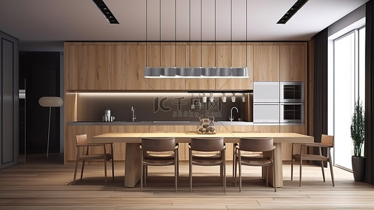 木制厨房和餐厅，拥有令人惊叹的 3D 视图
