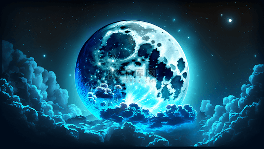 卡通夜晚背景图片_月亮蓝色梦幻云海背景