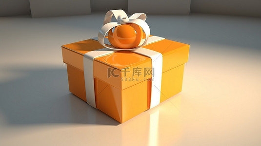一个白色的蝴蝶结装饰着一个充满活力的 3D 渲染橙色礼盒