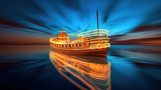 日落时沿着柔和光线的轨迹滑行的木船的 3D 渲染