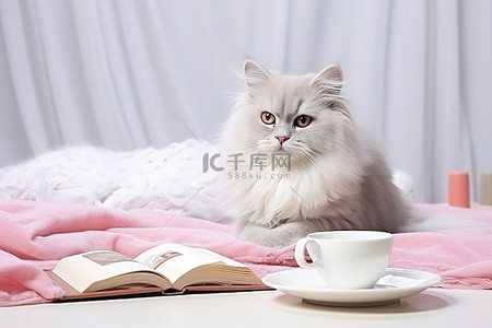 拿着帽子背景图片_猫在垫子上拿着杯子