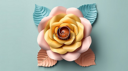 纸制花卉喜悦充满活力的玫瑰纸风格与 3D 渲染和剪切路径
