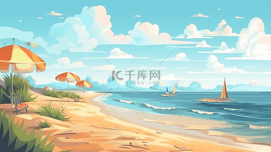 蓝色卡通夏天背景图片_旅游卡通海边插画