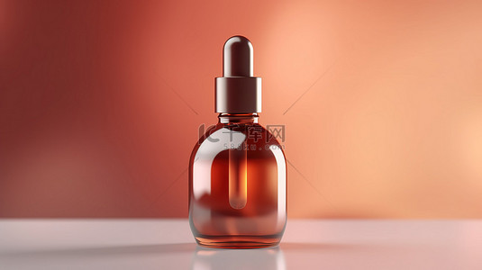 棕色玻璃血清滴管瓶的 3D 渲染，放置在柔和的抽象背景上