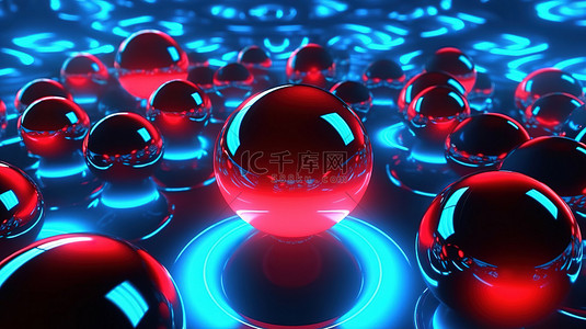 在抽象霓虹灯背景上随机闪烁霓虹灯红色和蓝色灯的旋转黑球的 3D 渲染