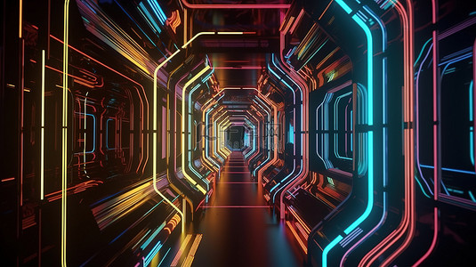 无尽的几何形状隧道与霓虹灯照明的 3D 插图