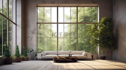 想象豪华客厅的宁静 3D 插图，欣赏令人惊叹的自然景观