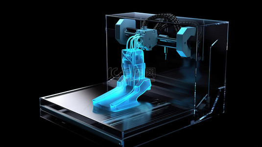 数码产品的背景图片_机器人手在 3D 渲染中与 3D 打印机协作