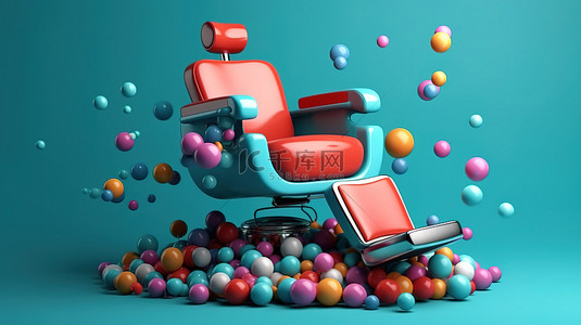 充满活力的蓝色场景理发椅和工具在多色球 3d 渲染中