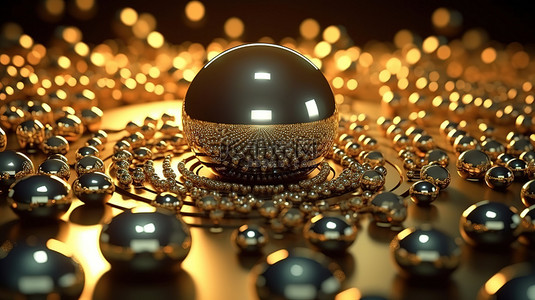 金色光圈发光背景图片_金色球形背景上反射闪亮光粒子的 3D 插图