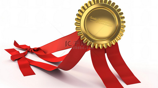 金徽章和絲帶背景图片_3d 渲染白色背景金色奖杯与红丝带花环和获胜者标志
