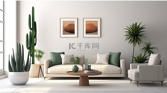 墙壁沙发背景图片_现代生活空间，配有豪华沙发宽敞的餐桌和 3D 设计的高耸仙人掌