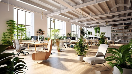 3D 渲染现代办公空间与植物和创意室内设计