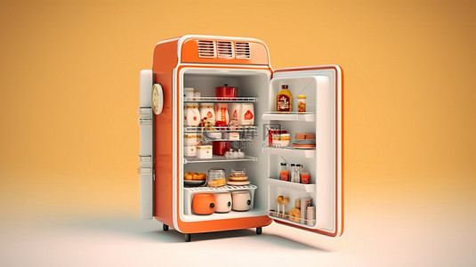 复古厨房用具老式冰箱的等距 3D 渲染