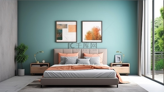 现代卧室设计与艺术相框背景 3D 渲染