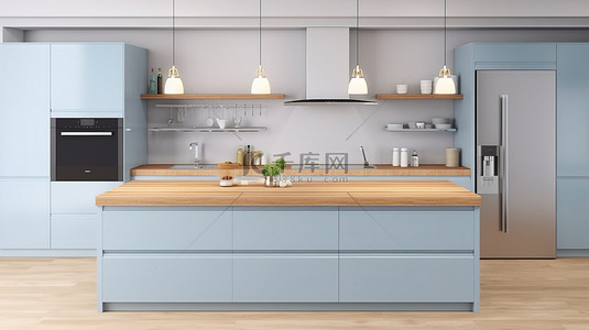 现代厨房设计 3D 渲染插图，以浅蓝色橱柜和木制岛台为特色