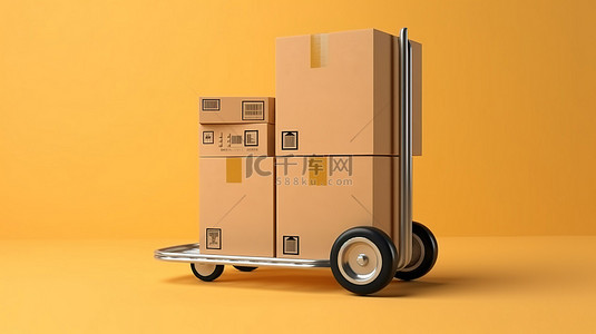 商货物背景图片_3D 渲染的手推车和纸板箱用于全球运输