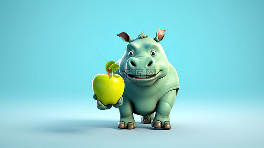 犀牛和犀牛鸟背景图片_具有 3D 功能的幽默犀牛顽皮地拿着一个苹果