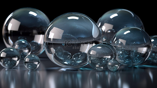3d 渲染背景中的各种透明球体和玻璃泡