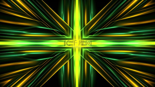 反射对称背景图片_对称线的 3D 插图以黄色和绿色的万花筒图案反射明亮的霓虹灯