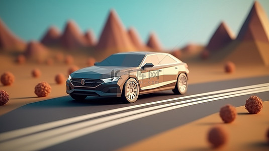 风景秀丽的道路上低聚跑车的优质 3D 渲染