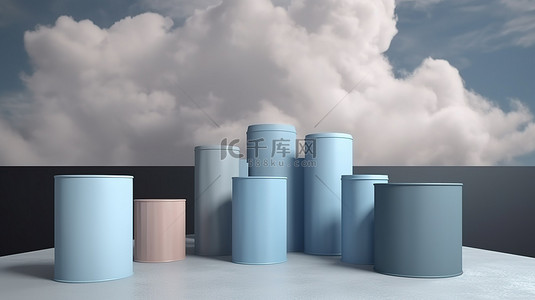 多云天空的抽象背景在 3D 渲染的圆柱形讲台上展示您的产品