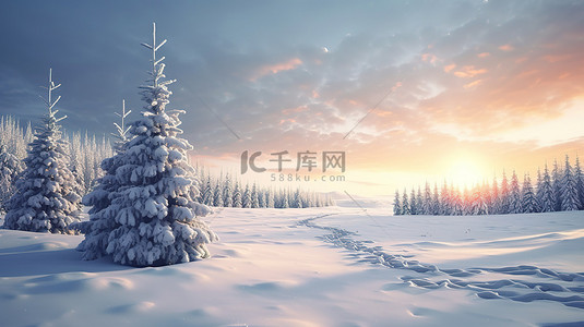 3D 冬季景观与白雪皑皑的圣诞树节日问候圣诞快乐和新年快乐