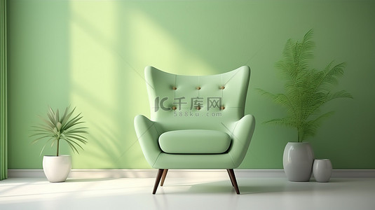 柔和的绿色客厅配有 3D 渲染的绿色椅子