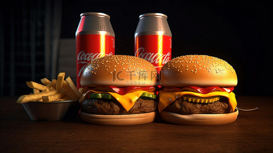 汽水肉背景图片_美味的三层芝士汉堡配以脆薯条和汽水罐的 3D 可视化