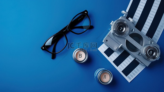 电影行业背景图片_经典蓝色背景，配有电影拍板 CD 和 3D 眼镜，庆祝电影行业和娱乐顶视图