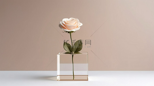 空白白色玻璃显示立方体模型上的米色玫瑰花 3D 渲染