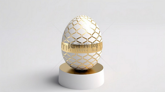 春节装饰背景图片_金色复活节彩蛋显示在等距 3D 渲染的白色基座上