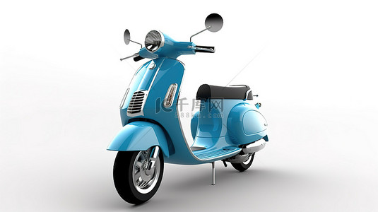 白色背景下城市环境中一辆时尚蓝色轻便摩托车的 3D 插图