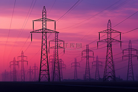 夕阳下，粉红色背景下，几座电力塔的轮廓映衬而出