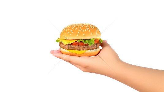 卡通风格的 3d 插图，一只手抓着一个带有白色背景隔离的汉堡