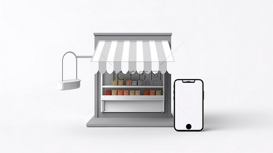 带商店顶篷的白色背景智能手机模型的 3D 插图