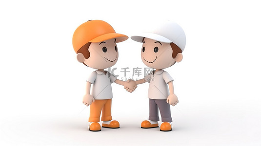 白色背景上卡通风格握手的插图 3D 渲染，象征着成功的商业交易