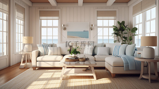 温馨的汉普顿风格住宅中温馨的沿海主题客厅 3D 渲染