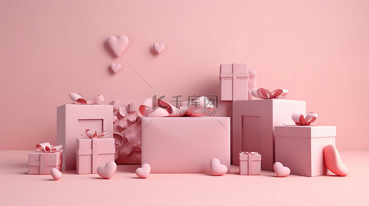 爱情海花背景图片_柔和粉色背景中的 3d 心形和礼品盒