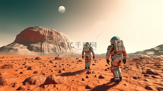 科幻地形背景图片_火星地形上的探险家通过 3D 渲染可视化火星殖民的概念