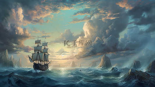 大海水彩背景图片_大海天空云层蓝色海洋