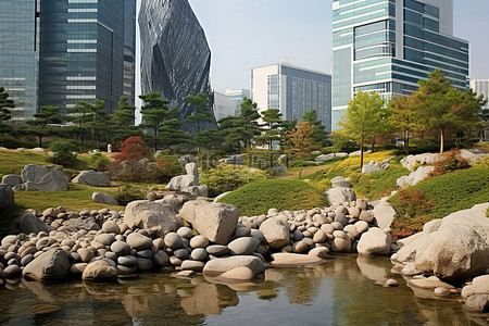 园林背景图片_韩国河石公园和拥有大型摩天大楼的日本城市