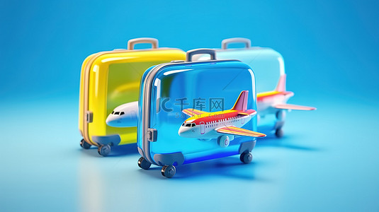 喷气机游戏时间彩色聚碳酸酯手提箱，蓝色背景 3D 插图上配有玩具飞机装饰