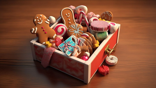 新年糖果背景图片_节日礼物盒里装满了姜饼和糖果 3D 渲染，祝圣诞快乐和新年快乐