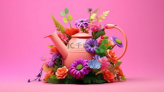 充满活力的 3D 渲染粉红色喷壶在色彩缤纷的夏季花朵和郁郁葱葱的绿叶中