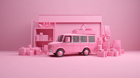 粉红色背景上的 3d 粉红色商店和卡车渲染代表在线购物概念