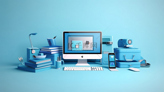数字办公必需品和设备围绕在线营销网站 3D 渲染悬浮