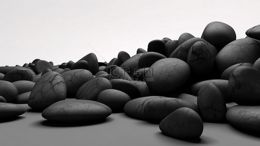 白色背景与黑色卵石堆栈 3D 渲染图像与复制空间