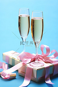 香槟笛子和粉红丝带前的圣诞贺卡